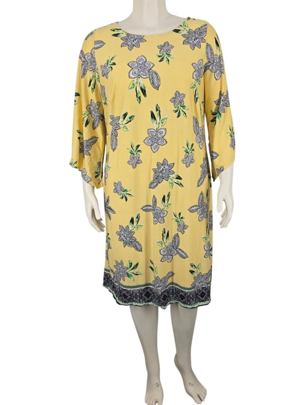 Women's Kim Rogers Curvy Yellow Stretch Dress 1XL Bell Sleeves Floral
